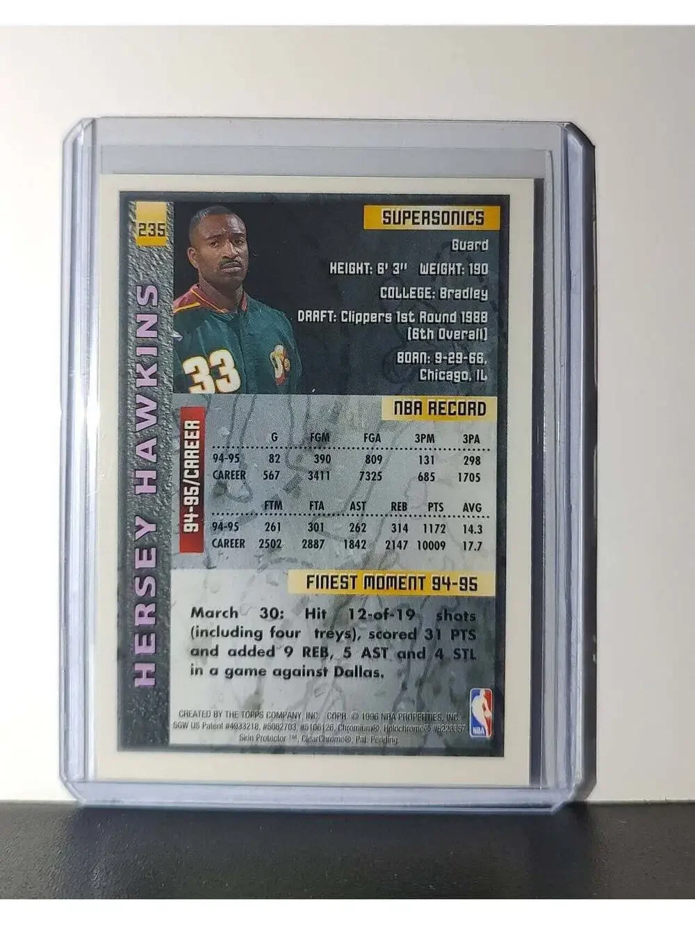Hersey Hawkins 1995-96 Topps Finest NBA #235 Card SuperSonics